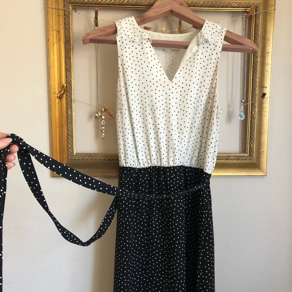 Loft cream and navy polka dot dress - 4 Petite